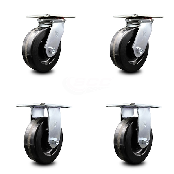 6 Inch Phenolic Caster Set with Roller Bearings 2 Swivel 2 Rigid